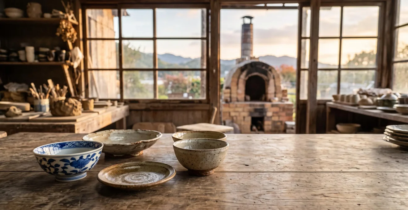 Assortiment de céramiques japonaises authentiques présentées dans un atelier traditionnel de Kyushu