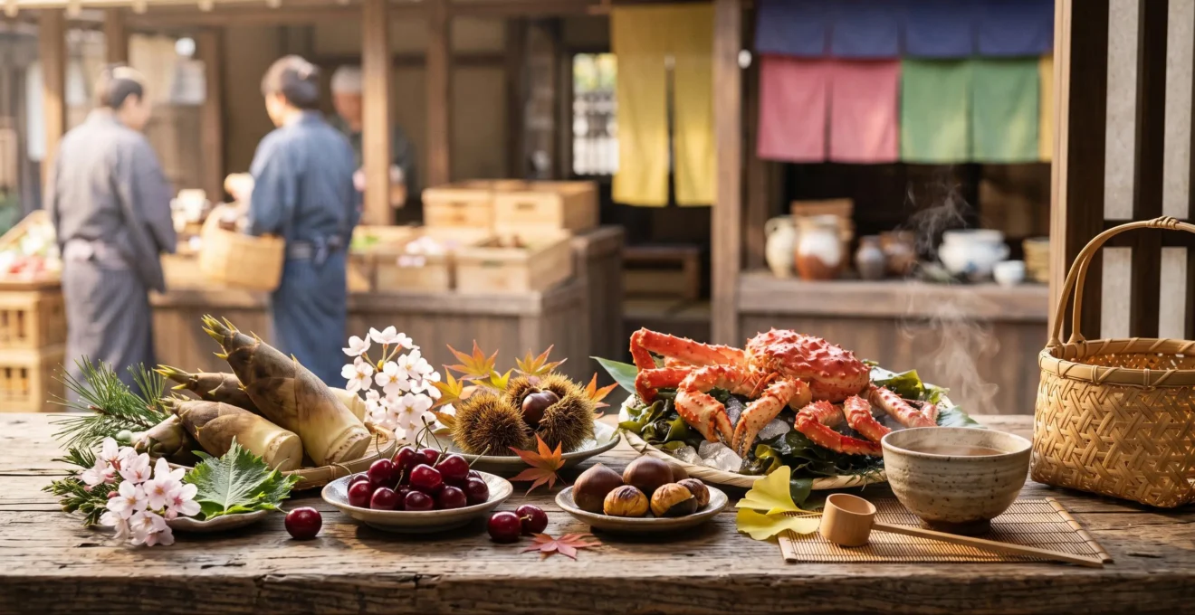 Étal de fruits et légumes japonais de saison disposés selon un dégradé chromatique évoquant les quatre saisons, dans une ambiance de marché matinal.