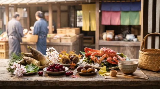 Étal de fruits et légumes japonais de saison disposés selon un dégradé chromatique évoquant les quatre saisons, dans une ambiance de marché matinal.
