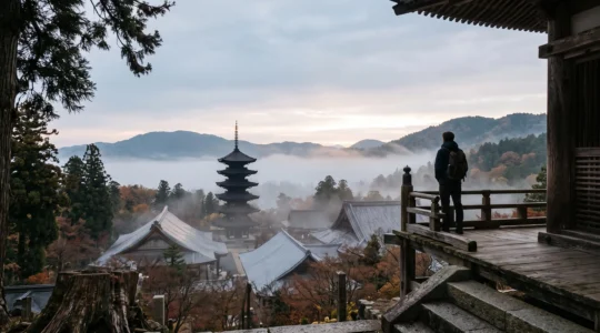 Voyageur contemplant en silence un vaste complexe de temples japonais classé au patrimoine mondial, silhouette de pagode se détachant dans la brume matinale