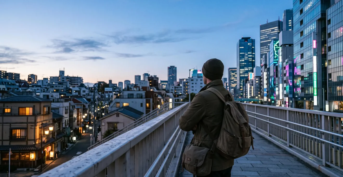 Voyageur observant au crépuscule le contraste entre les toits traditionnels illuminés et les gratte-ciels de néons de Tokyo, symbolisant le choix entre les quartiers
