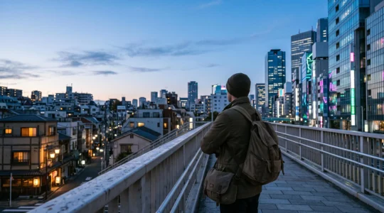 Voyageur observant au crépuscule le contraste entre les toits traditionnels illuminés et les gratte-ciels de néons de Tokyo, symbolisant le choix entre les quartiers