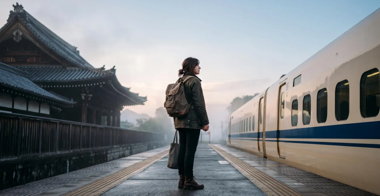Voyageur regardant une carte du Japon entre pagode traditionnelle et train à grande vitesse, symbolisant le choix entre différents styles de voyage organisé
