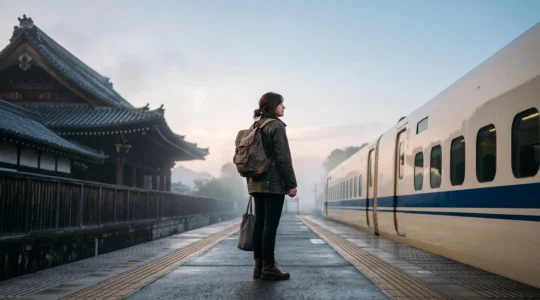 Voyageur regardant une carte du Japon entre pagode traditionnelle et train à grande vitesse, symbolisant le choix entre différents styles de voyage organisé