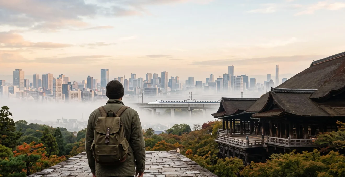 Voyageur contemplant un paysage japonais mêlant temple traditionnel et skyline moderne au lever du soleil