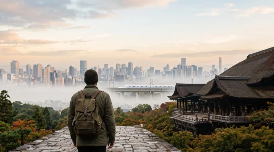 Voyageur contemplant un paysage japonais mêlant temple traditionnel et skyline moderne au lever du soleil