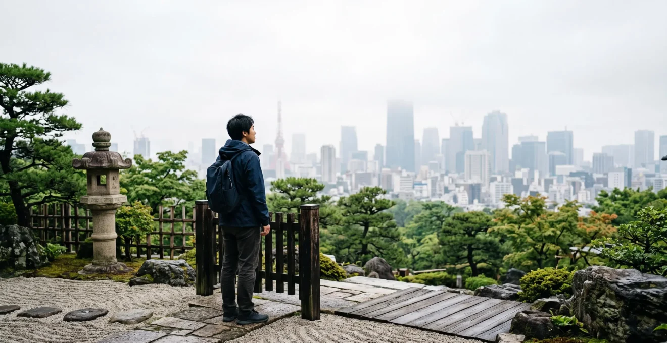 Voyageur contemplant un jardin japonais traditionnel avec la skyline moderne de Tokyo en arrière-plan, symbole d'un itinéraire personnalisé entre tradition et modernité
