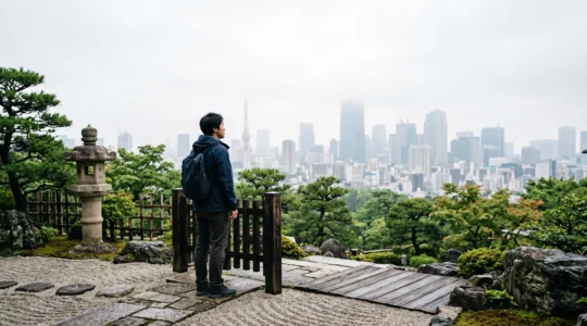 Voyageur contemplant un jardin japonais traditionnel avec la skyline moderne de Tokyo en arrière-plan, symbole d'un itinéraire personnalisé entre tradition et modernité