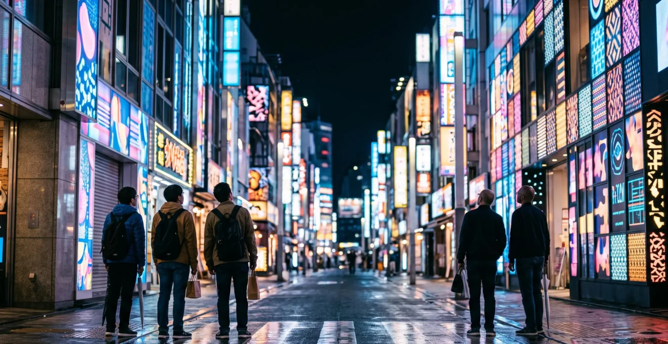 Ruelle animée d'un quartier pop culture de Tokyo la nuit, enseignes lumineuses abstraites et silhouettes de visiteurs en exploration