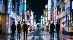 Ruelle animée d'un quartier pop culture de Tokyo la nuit, enseignes lumineuses abstraites et silhouettes de visiteurs en exploration