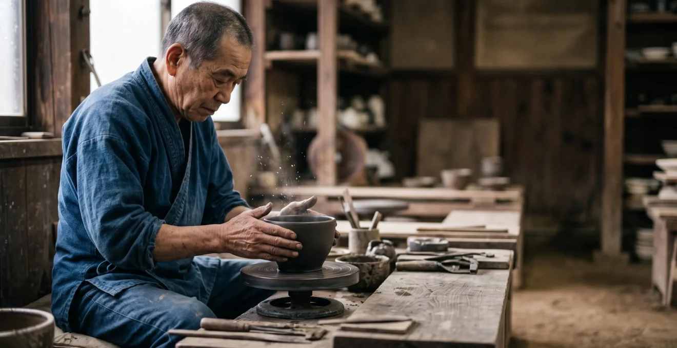Un maitre artisan japonais concentre dans son atelier traditionnel, incarnant la discipline et le geste precis