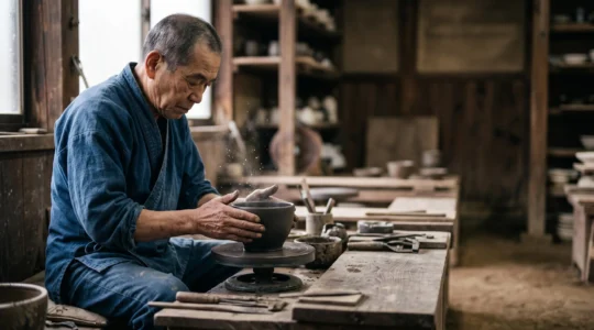 Un maitre artisan japonais concentre dans son atelier traditionnel, incarnant la discipline et le geste precis