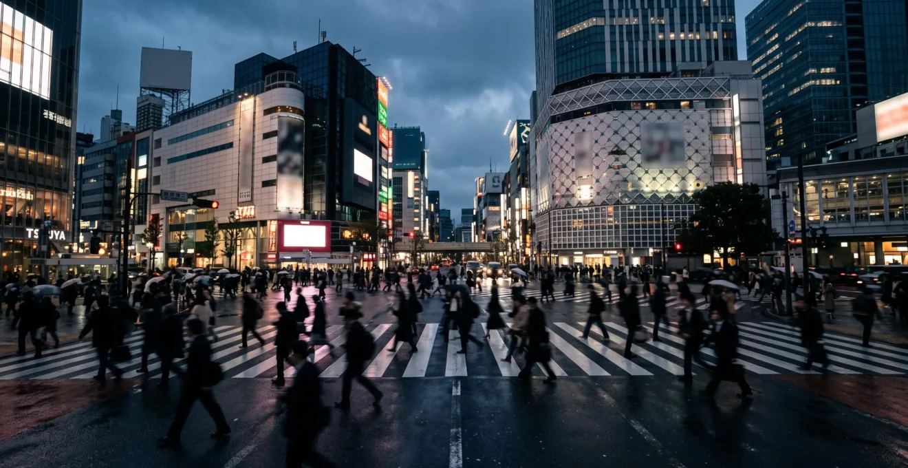 Vue grand angle d'un carrefour piéton japonais bondé la nuit, symbolisant l'énergie intense d'une mégalopole