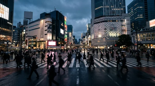 Vue grand angle d'un carrefour piéton japonais bondé la nuit, symbolisant l'énergie intense d'une mégalopole