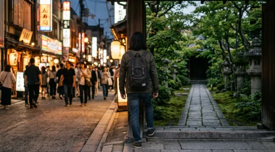 Voyageur en pleine réflexion contemplative dans un cadre japonais entre agitation urbaine et sérénité naturelle