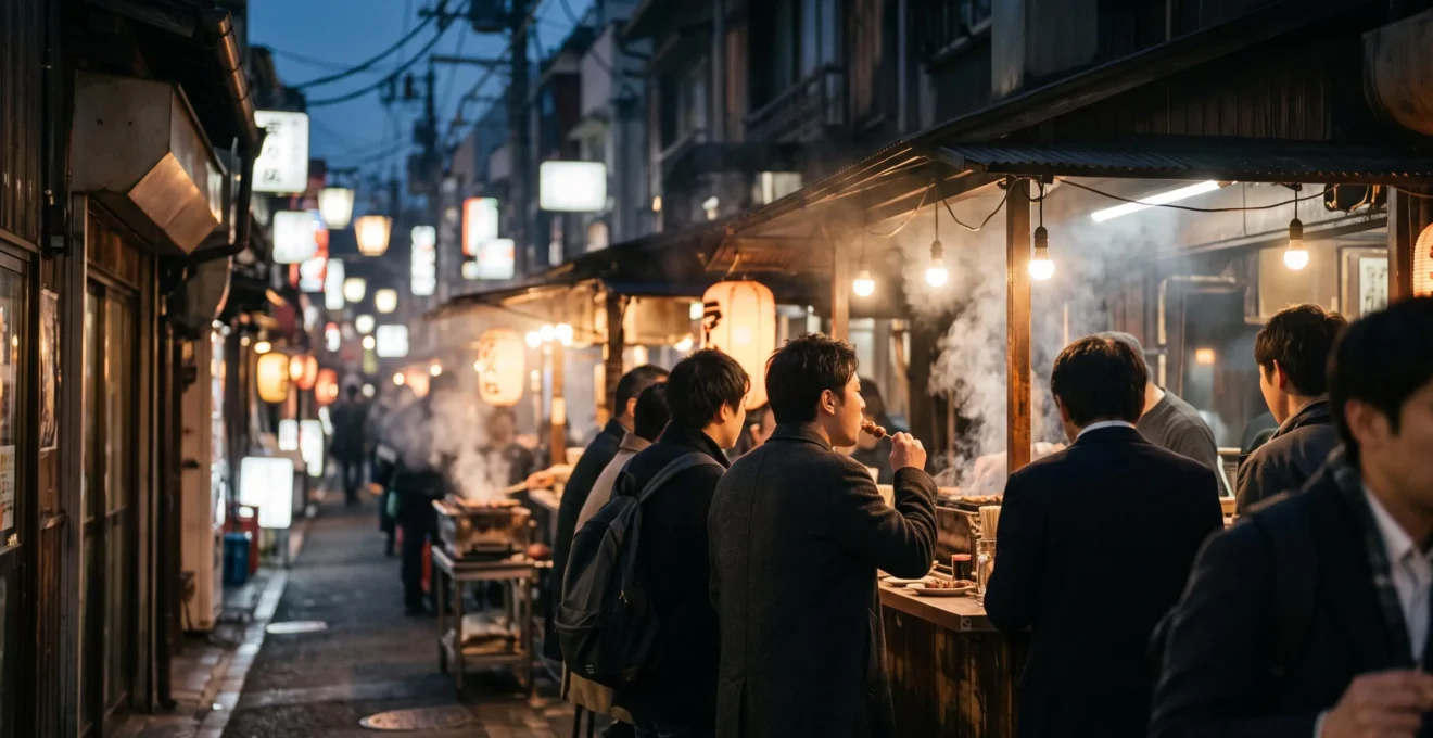 Ruelle animée d'Osaka la nuit avec vendeurs de street food et néons flous en arrière-plan, ambiance populaire et chaleureuse