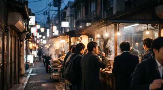 Ruelle animée d'Osaka la nuit avec vendeurs de street food et néons flous en arrière-plan, ambiance populaire et chaleureuse