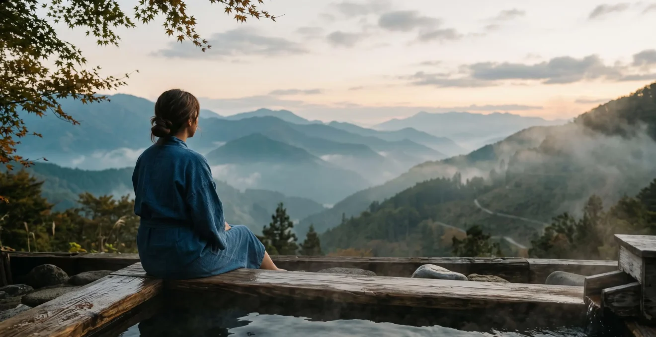 Voyageur en yukata contemplant un bain onsen extérieur en bois entouré de montagnes brumeuses au crépuscule