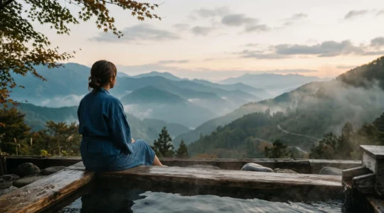 Voyageur en yukata contemplant un bain onsen extérieur en bois entouré de montagnes brumeuses au crépuscule