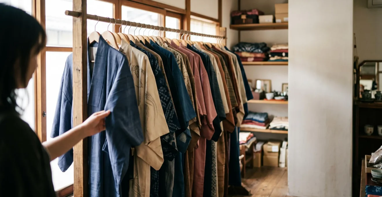 Rangée de kimonos vintage soigneusement suspendus dans une boutique japonaise de seconde main, éclairée par une lumière naturelle chaude
