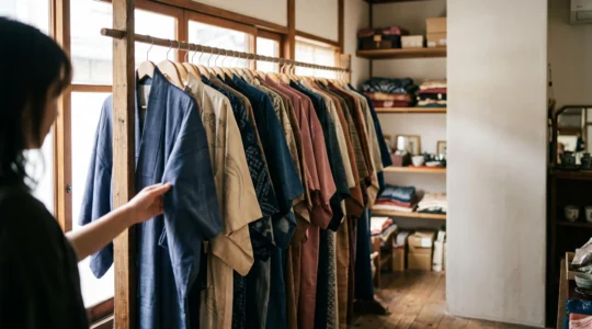 Rangée de kimonos vintage soigneusement suspendus dans une boutique japonaise de seconde main, éclairée par une lumière naturelle chaude