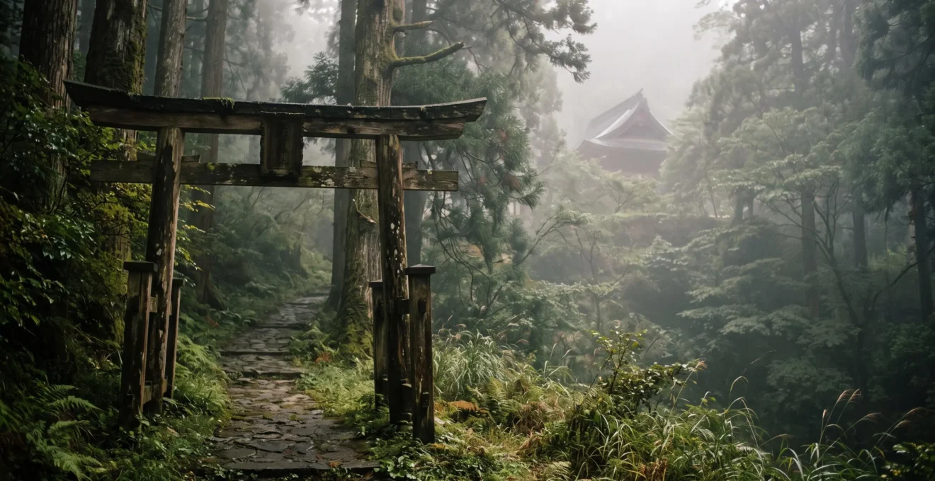 Paysage symbolique du patrimoine ancestral japonais melant un torii traditionnel et une nature montagneuse pour un voyage culturel