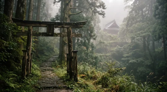 Paysage symbolique du patrimoine ancestral japonais melant un torii traditionnel et une nature montagneuse pour un voyage culturel