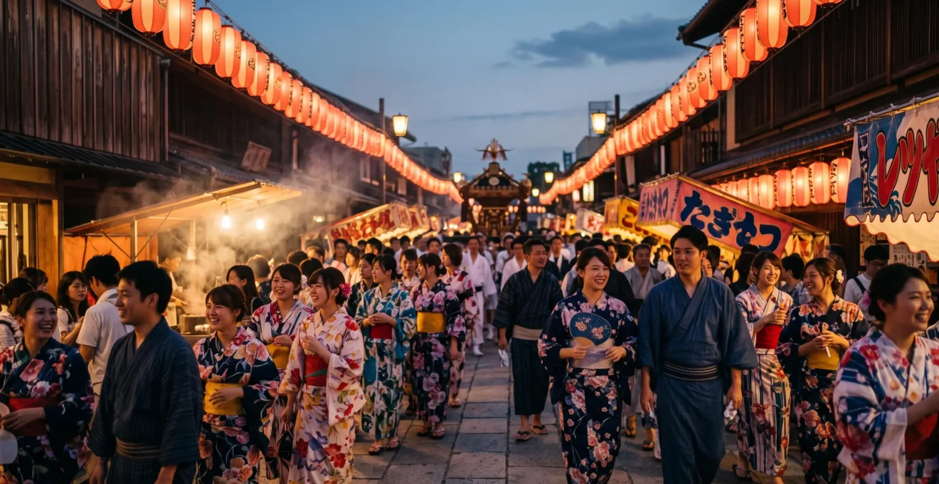 Foule en yukata colorés participant à un matsuri japonais nocturne illuminé par des lanternes