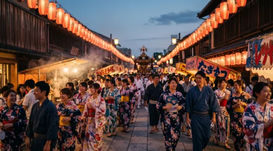 Foule en yukata colorés participant à un matsuri japonais nocturne illuminé par des lanternes