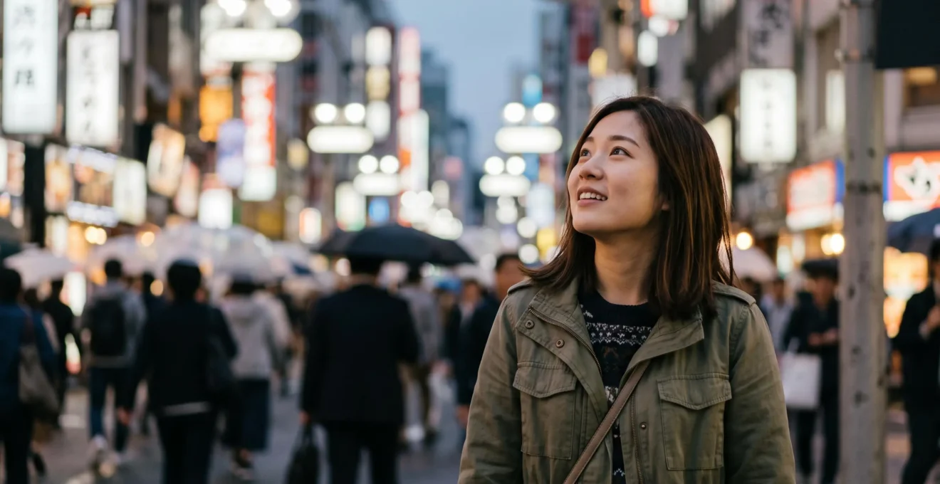 Jeune voyageur observant avec émerveillement les lumières d'un carrefour tokyoïte au crépuscule, symbole de la rencontre avec la pop culture japonaise