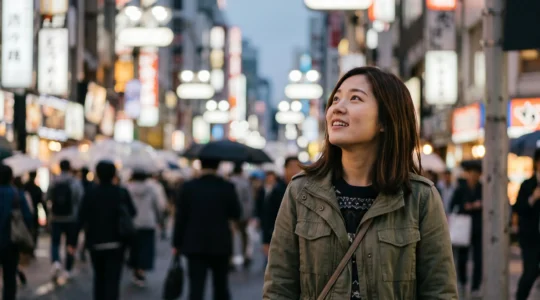 Jeune voyageur observant avec émerveillement les lumières d'un carrefour tokyoïte au crépuscule, symbole de la rencontre avec la pop culture japonaise