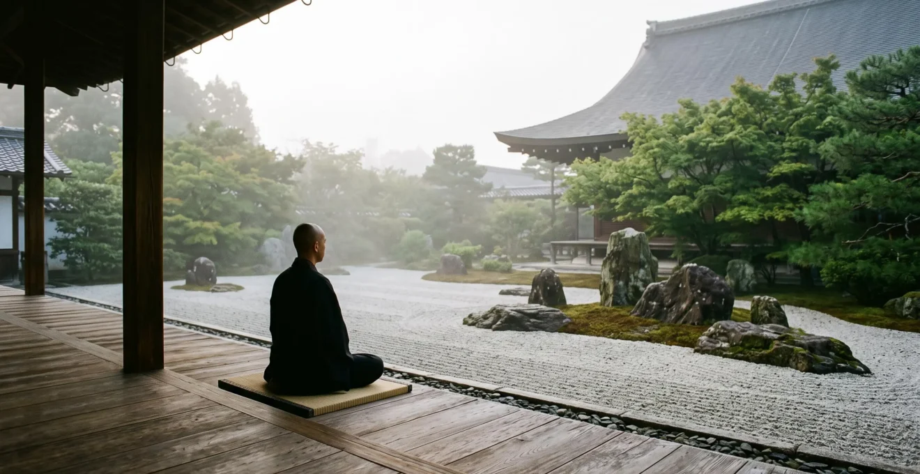 Silhouette d'un voyageur en position de zazen face à un jardin de pierres zen baigné de lumière matinale dans un temple japonais