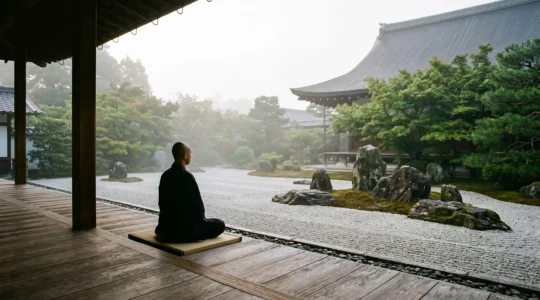 Silhouette d'un voyageur en position de zazen face à un jardin de pierres zen baigné de lumière matinale dans un temple japonais