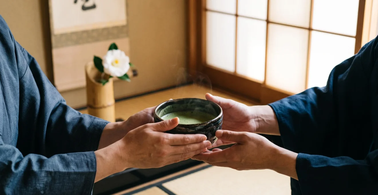 Un invité recevant avec respect un bol de thé matcha des mains d'un maître de thé japonais dans une salle de thé traditionnelle