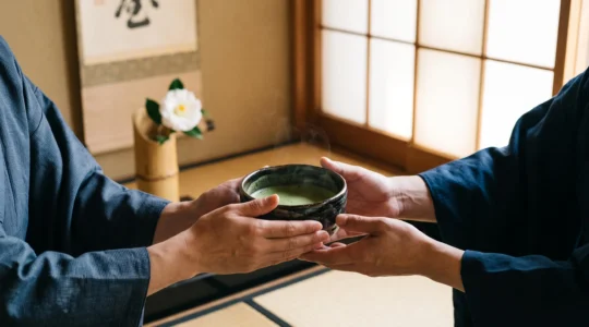 Un invité recevant avec respect un bol de thé matcha des mains d'un maître de thé japonais dans une salle de thé traditionnelle