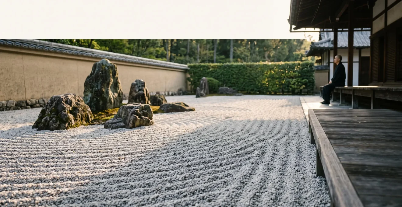 Jardin sec japonais baigne dans une lumiere rasante du matin, invitant a une lecture symbolique et contemplative