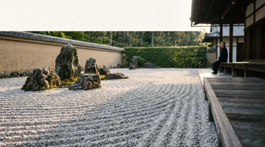 Jardin sec japonais baigne dans une lumiere rasante du matin, invitant a une lecture symbolique et contemplative
