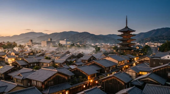 Vue panoramique de Kyoto au crépuscule montrant la coexistence entre toits de tuiles traditionnels et silhouette urbaine contemporaine