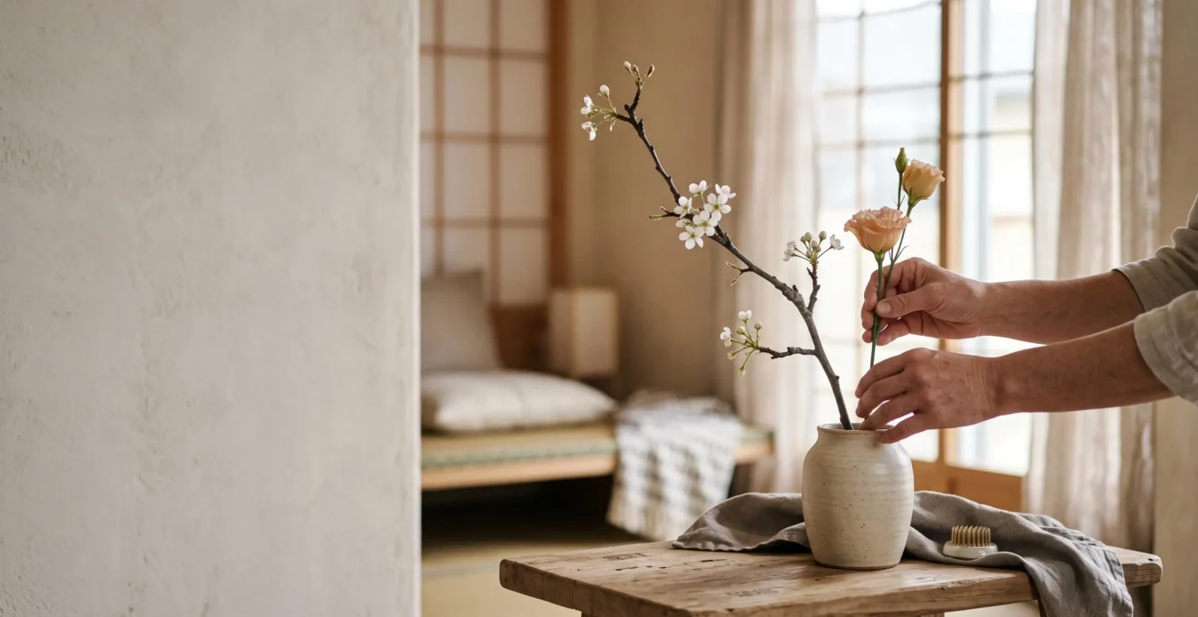 Mains disposant avec soin une branche et une fleur unique dans un vase minimaliste, dans une pièce baignée de lumière naturelle douce