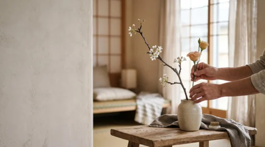 Mains disposant avec soin une branche et une fleur unique dans un vase minimaliste, dans une pièce baignée de lumière naturelle douce