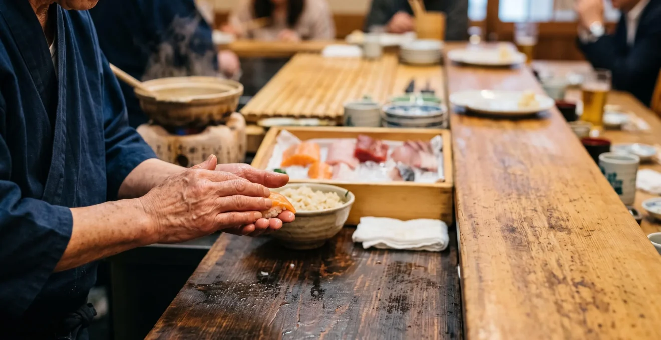 Mains expertes d'un maître sushi japonais façonnant un nigiri avec précision dans un restaurant traditionnel