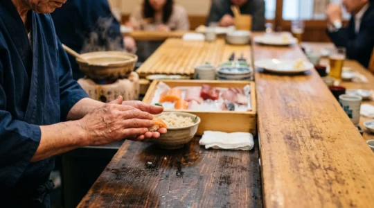 Mains expertes d'un maître sushi japonais façonnant un nigiri avec précision dans un restaurant traditionnel