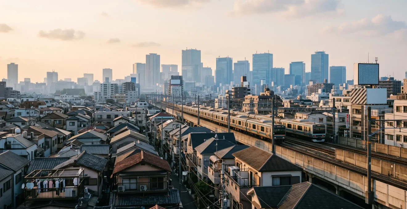 Vue en légère plongée sur un quartier japonais dense au crépuscule, mêlant toits résidentiels, ruelles étroites et gratte-ciels en arrière-plan