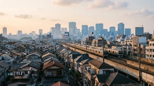 Vue en légère plongée sur un quartier japonais dense au crépuscule, mêlant toits résidentiels, ruelles étroites et gratte-ciels en arrière-plan
