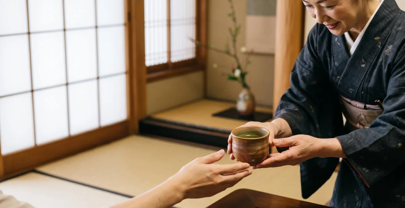 Mains d'un hote japonais presentant avec soin une tasse de the a un voyageur dans un ryokan traditionnel