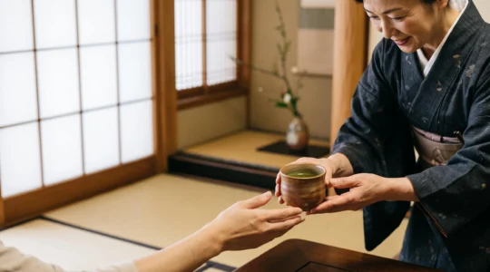 Mains d'un hote japonais presentant avec soin une tasse de the a un voyageur dans un ryokan traditionnel