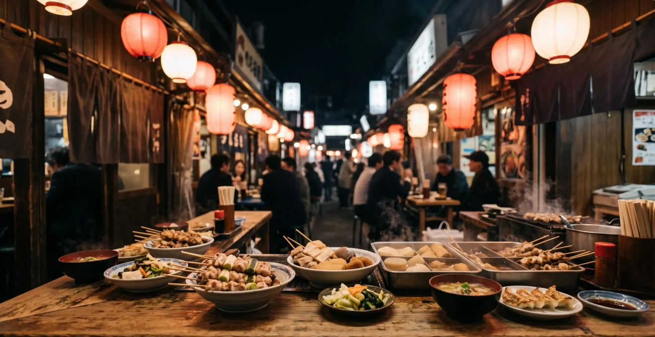Étal de rue japonais illuminé le soir avec assortiment de plats traditionnels colorés, symbolisant la diversité culinaire du Japon