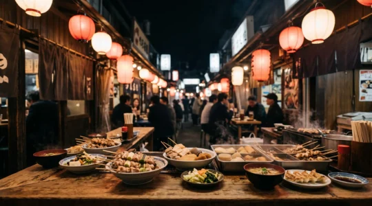 Étal de rue japonais illuminé le soir avec assortiment de plats traditionnels colorés, symbolisant la diversité culinaire du Japon
