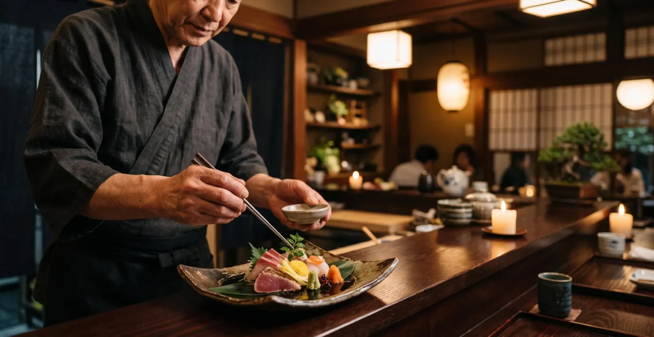 Mains d'un chef japonais dressant avec précision un plat kaiseki sur une céramique artisanale, dans une ambiance feutrée