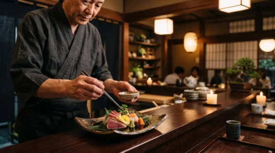 Mains d'un chef japonais dressant avec précision un plat kaiseki sur une céramique artisanale, dans une ambiance feutrée
